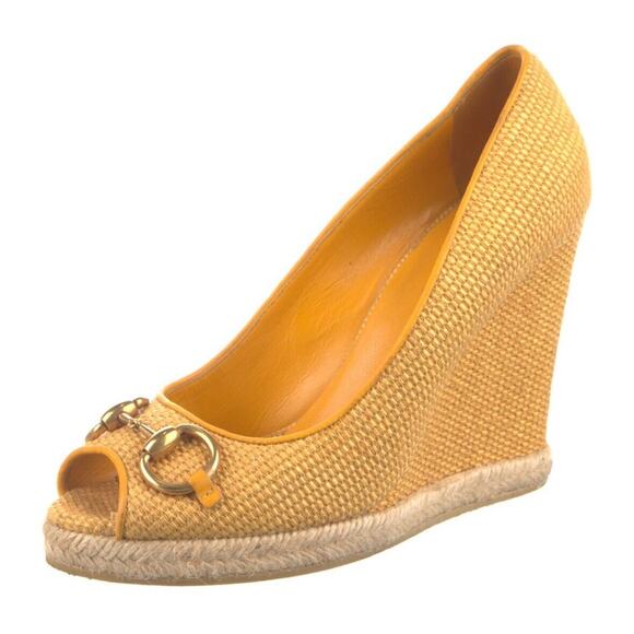 Authentic Gucci Yellow Raffia and Leather Charlotte Horsebit Wedge Pumps Sz 9.5 - Picture 1 of 6